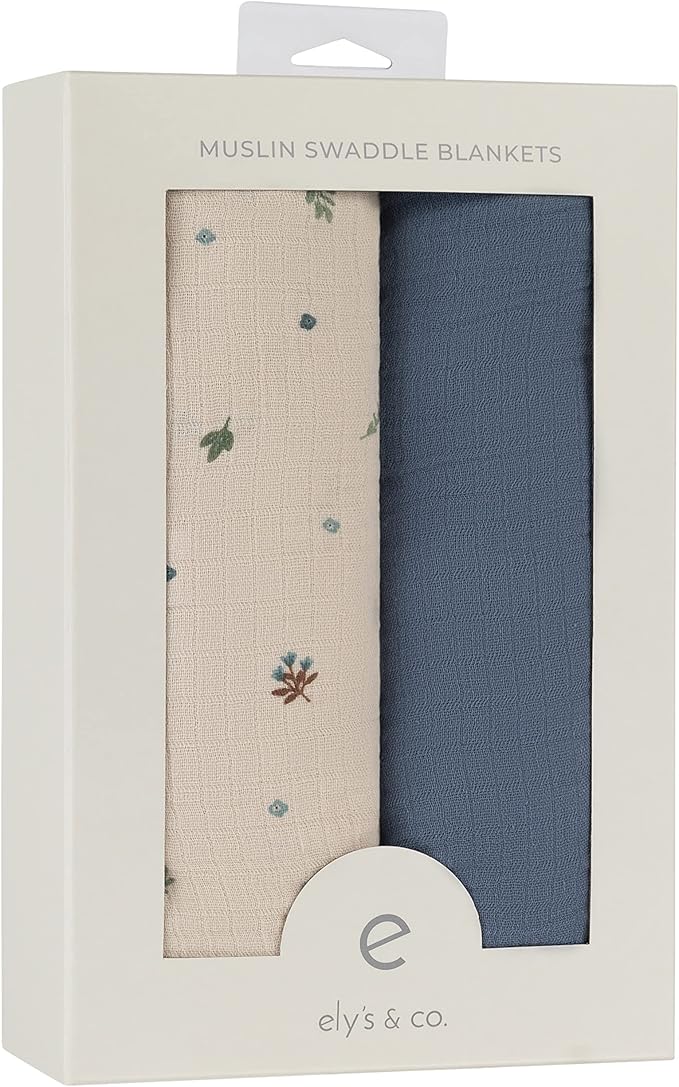 Ely's & Co. Muslin Swaddle Blanket 2-Pack — 100% Cotton Muslin Extra-Large Swaddle Blankets (47” x 47”) Solid + Printed (Blue Garden Flower)