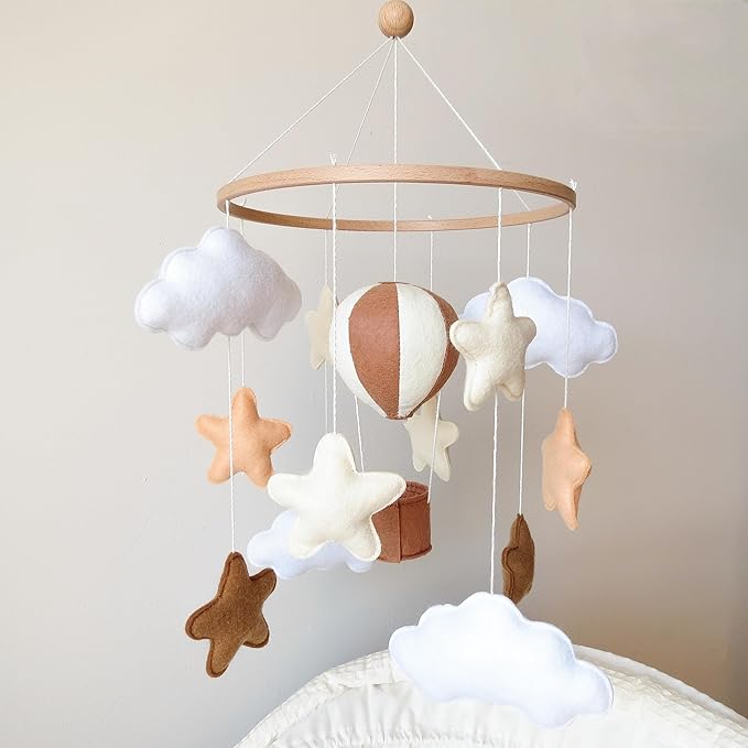 Neutral Hot Air Balloon Mobile for Crib Boho Baby Crib Mobile for Girls Boys Stars & Clouds Hot Air Balloon Baby Mobile for Crib