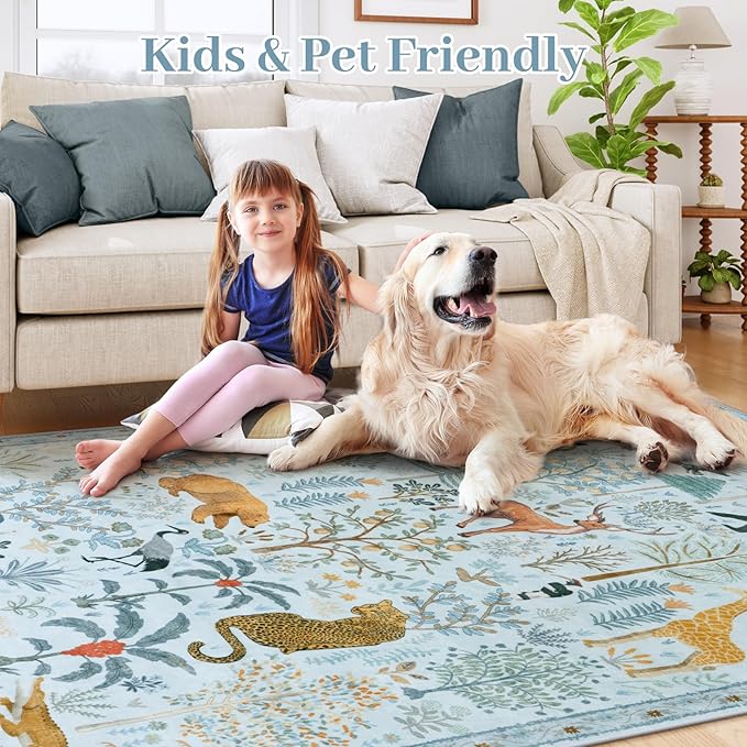 OJIA Animal Print Washable Area Rug 5x7, Soft Nursery Rugs for Living Room Ultra-Thin Non-Shedding Kids Bedroom Rug, Stain Resistant Throw Rug Large Carpet for Dining Room, Light Blue