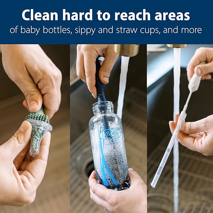Dr. Brown's Silicone Cleaning Brush Set with Bottle, Spout, and Straw Brush, 3 Brushes to Clean Baby Bottles, Spouts, Nipples, and Straws, BPA Free – 3-Pack