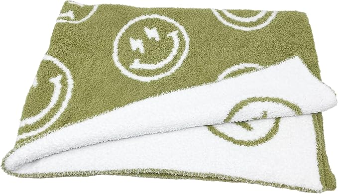 Smiley Face with Lightning Bolt Eyes Baby Blanket 28"x40" - DreamSoft Throw for Crib, Stroller or Car Seat -Receiving Blanket/Newborn Nursery Gift Toddler, Infant, Kids Boys & Girls (Sage Green/White)