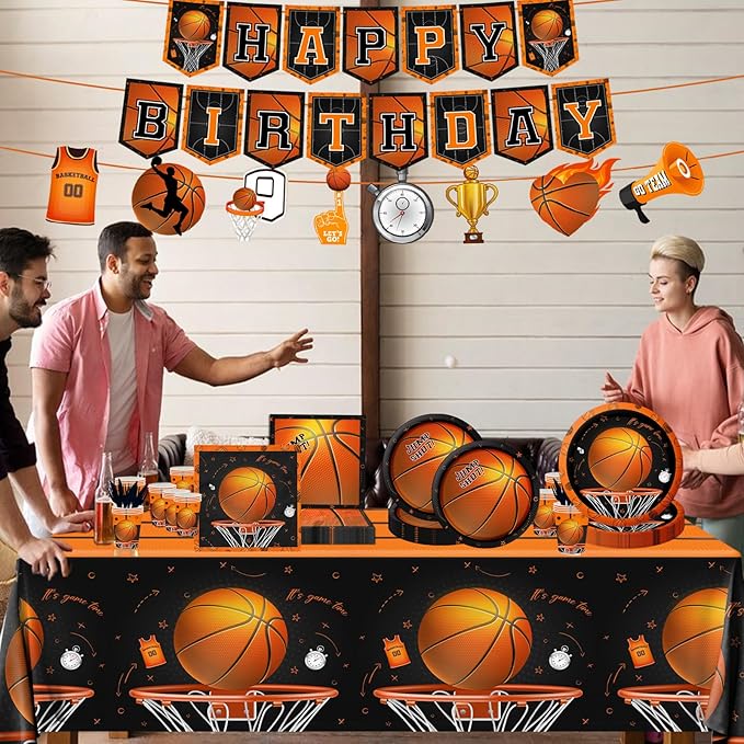 Basketball Party Supplies, 142Pcs Basketball Sports Theme Birthday Party Supplies Tableware Set,Include Basketball Plates and Napkins,Cups,Banner,Tablecloth for Basketball Birthday Decorations