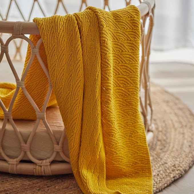 Knitted Organic Cotton Baby Blanket- Swaddle Blanket, 30" x 40" Soft Receiving Blanket for Newborn (Waves-Yellow)