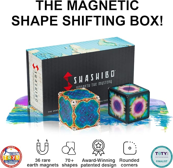 SHASHIBO Shape Shifting Box Bundle- Award-Winning, Patented Fidget Cube w/ 36 Rare Earth Magnets - Transforms Into Over 70 Shapes - Explore The Earth Moon Connection (Earth - Moon 2 Pack)