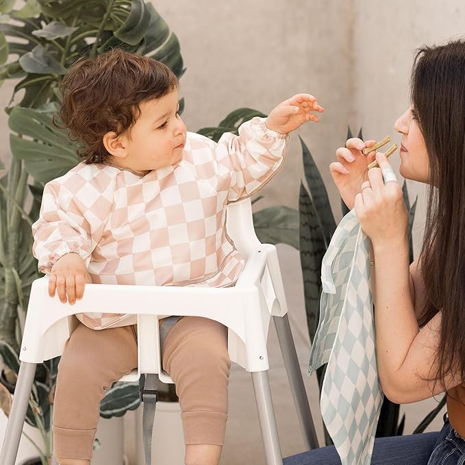 Tiny Twinkle Long Sleeve Bib for Babies & Toddlers – 2 Pack Waterproof Smock Bibs for Eating – Machine Washable & Mess-Proof, Baby Feeding Essential & Shower Must-Have (Pink,Beige Checkers, 6-24M)