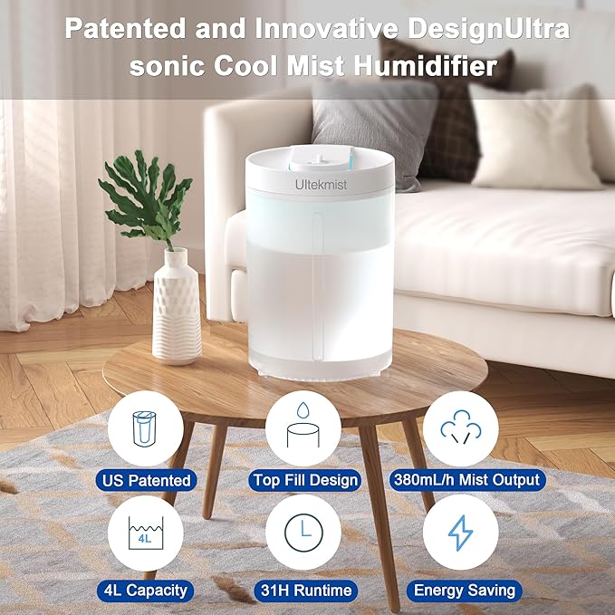 2-in-1 Cool Mist Humidifier for Bedroom, Large Room, Baby Nursery & Plants, 4L Top Fill with Oil Diffuser, Nightlight, 31H Runtime, Quiet 30db, Clear