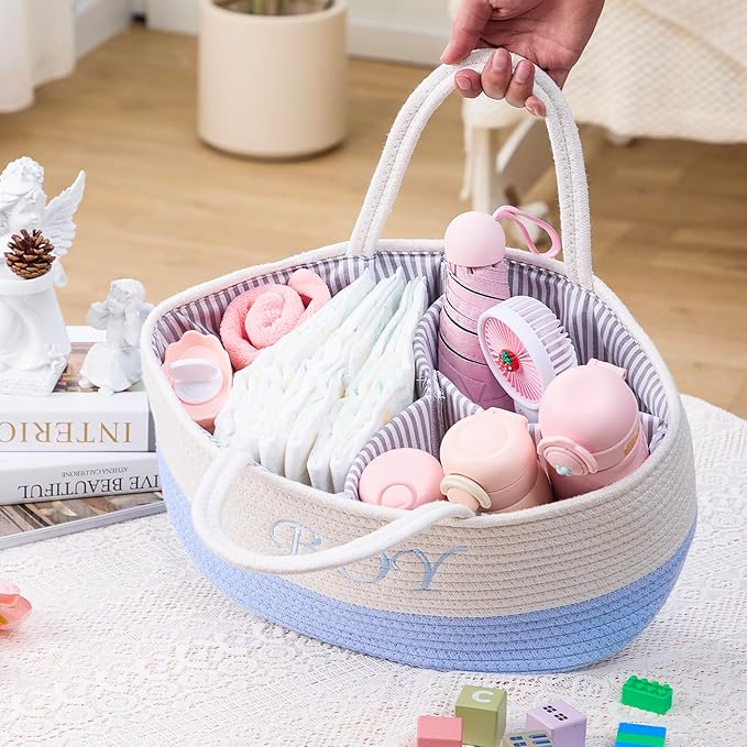 DUHEL Diaper Caddy Organizer with Handle,Baby Basket use for Diaper Organizer and Storage,Baby Boys Newborn Essentials,3 Compartments-Cotton rope Material Storage for Home or Travel.(White＆Blue)
