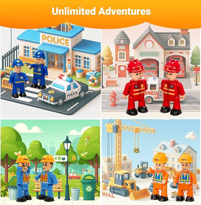 FUNERICA 8-Set Bendable Play People Figures for Kids - Firefighters, Police Officers, Construction Workers, Sanitation and Community Helpers Figurines
