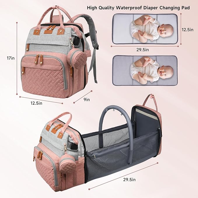 Baby Diaper Bags with Changing Station, Large Capacity Diaper Bag Backpack for Moms Dads with USB Charging Port,Travel Baby Bag with Pacifier Case & Stroller Straps(Up-PinkGrey)