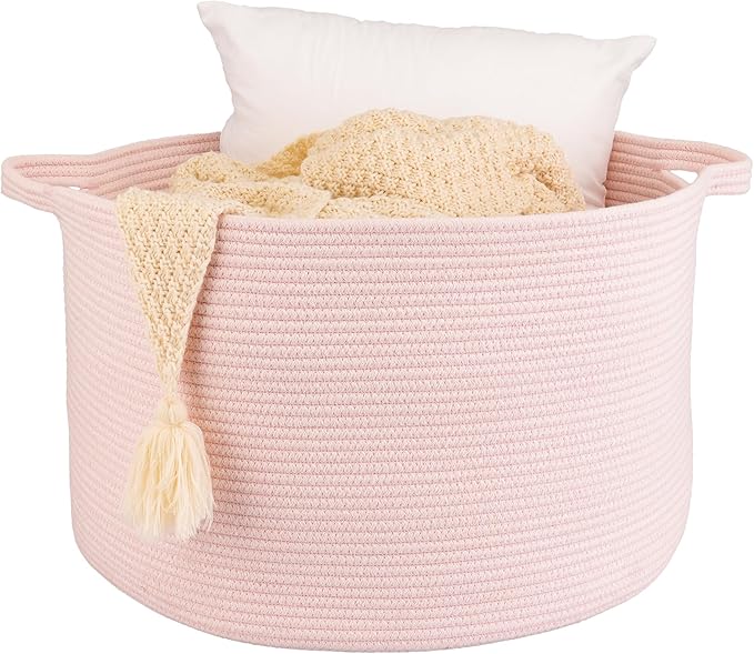 Large Cotton Rope Basket Blankets Basket Living Room 22"x14" Toy Baskets for Kids and Dogs Rope Storage Baskets for Nursery Woven Laundry Baskets for Clothes Towels Baby Toy Storage Round pink