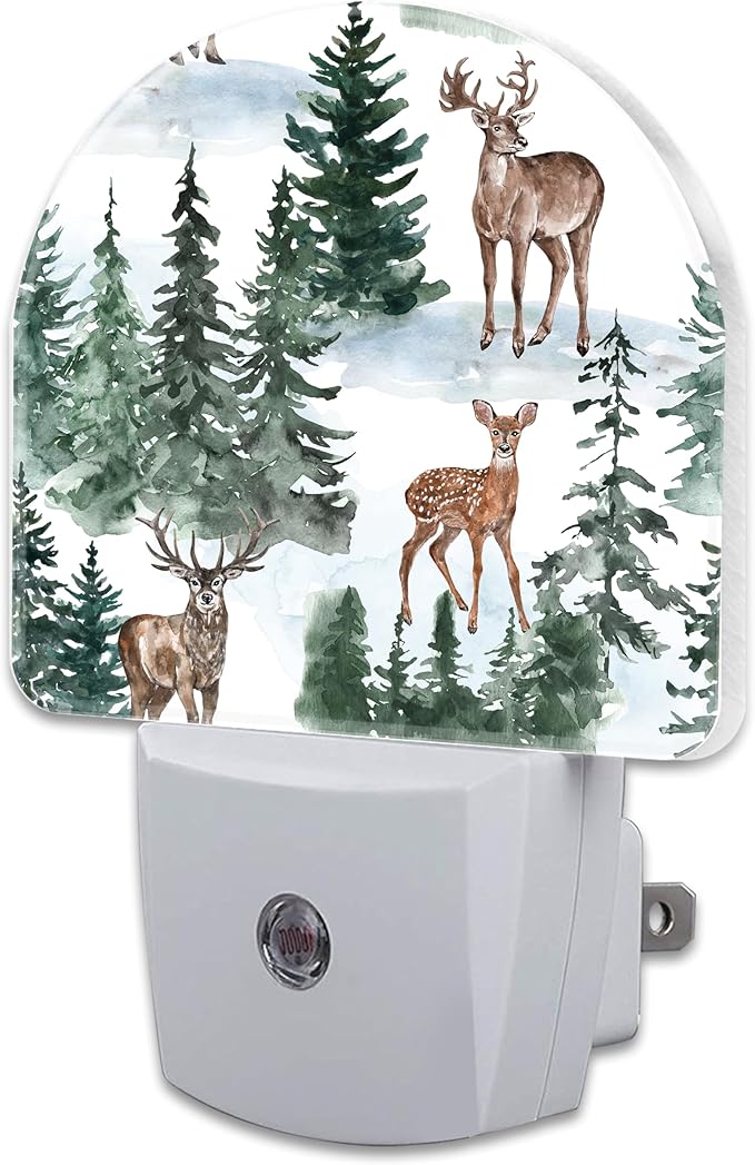 Winter Deer and Snowy Forest Night Light for Kids,Christmas Pine Trees Deer Night Light Plug in with Dusk to Dawn Sensor,0.5w Energy Saving Nightlight for Hallway Stairway Kitchen Bedroom