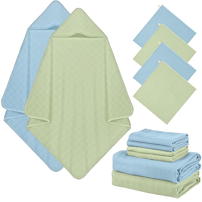 Preboun 6 Pcs Muslin Hooded Baby Towels and Washcloths 32"x 32" Cotton Newborn Bath Towel Anti-Shrink Infant Baby Blankets with Hood 12"x 12" Washcloths for Girl Boy Toddler(Light Blue,Green)