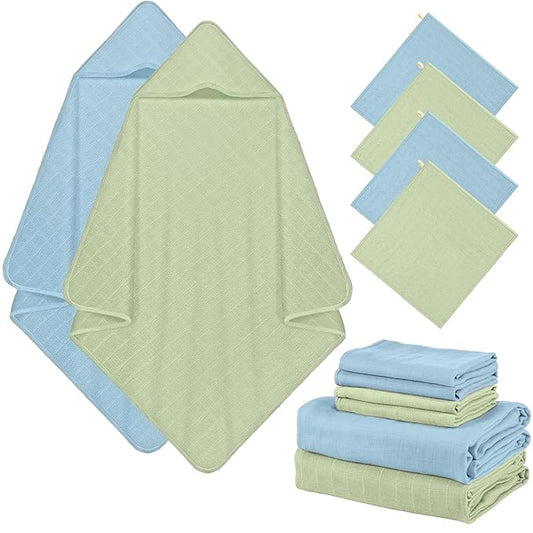 Preboun 6 Pcs Muslin Hooded Baby Towels and Washcloths 32"x 32" Cotton Newborn Bath Towel Anti-Shrink Infant Baby Blankets with Hood 12"x 12" Washcloths for Girl Boy Toddler(Light Blue,Green)