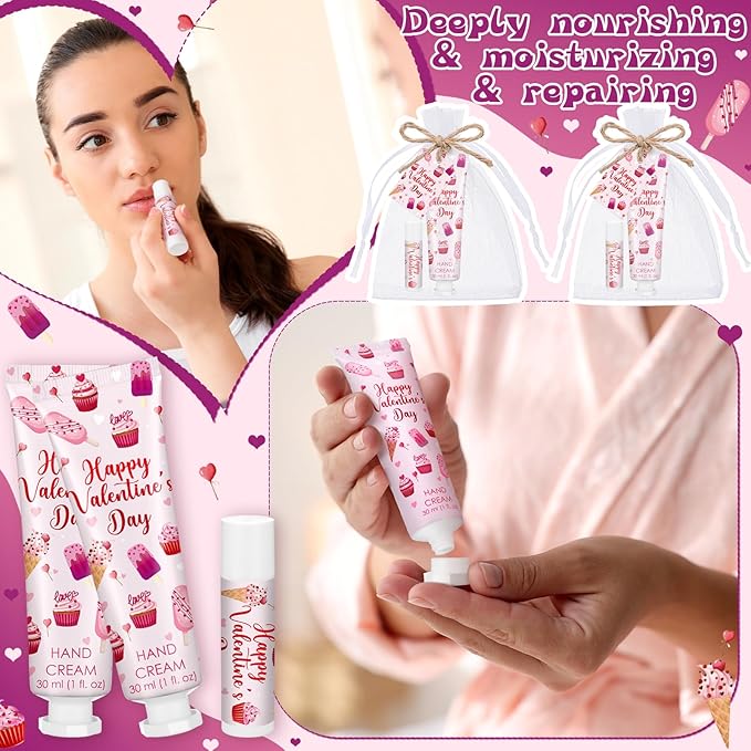 24 Sets Valentines Day Hand Cream and Lip Balm Gift Valentine's Day Party Favors for Guest Strawberry & Cherry Travel Size Hand Lotion and Lip Balm Bulk Bridal Shower Party Supplies
