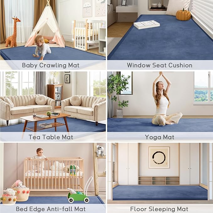 Baby Play Mat for Floor Tummy Time Mat Nursery Muscle Area Rug Playroom Rug Tatami 59"*71" Memory Foam 1.3" Thick Crawling For Babies,Toddlers, Infants, Kids,Floor(Blue)