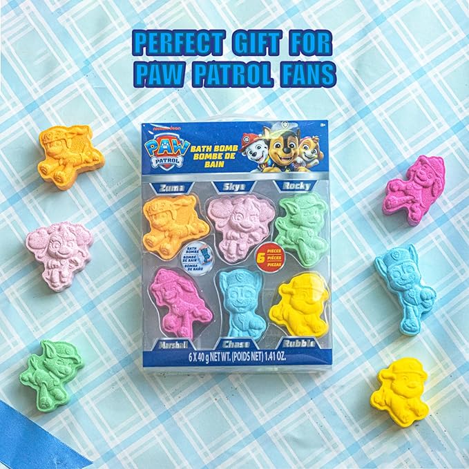 Paw Patrol 6 Pack Cucumber Melon Scented Bath Bombs Non-Toxic Character Molded Bath Bombs Fun and Bright Colors Great for Birthday Gifts, Stocking Stuffers, Slumber by Townley Girl