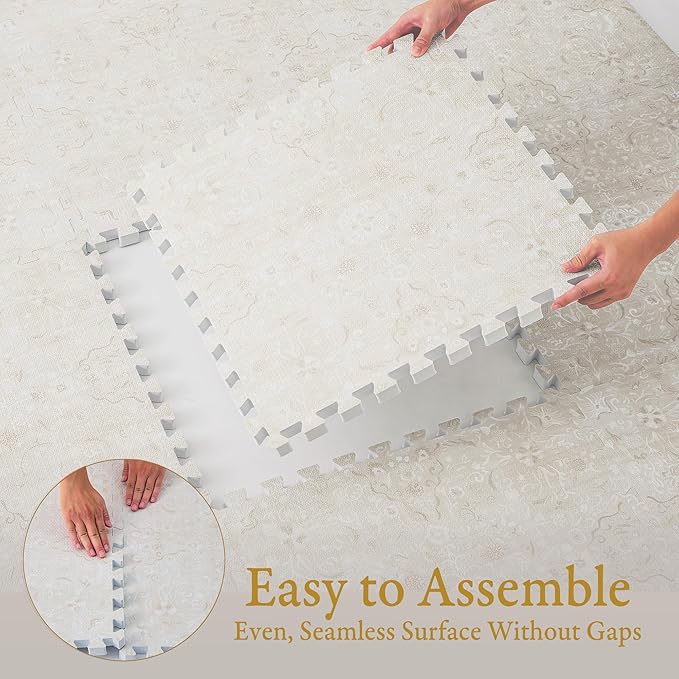 PopsyKosy Super 1 Inch Thick Premium Quality Exercise & Baby Foam Play Mats - Expandable & Large Non-Toxic Odorless Floor Mat - 6 Tiles Spacious 6x4ft - Peel-Resistant - Pearl Beige