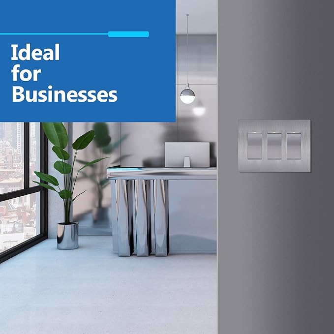 LIDER Brushed Finish Decorator Switch Cover, Screwless Wall Plate, Mid-Size 3-Gang 4.88" x 6.77", Unbreakable Polycarbonate Thermoplastic, UL Listed, LSWP-33M-BSV, Brushed Silver