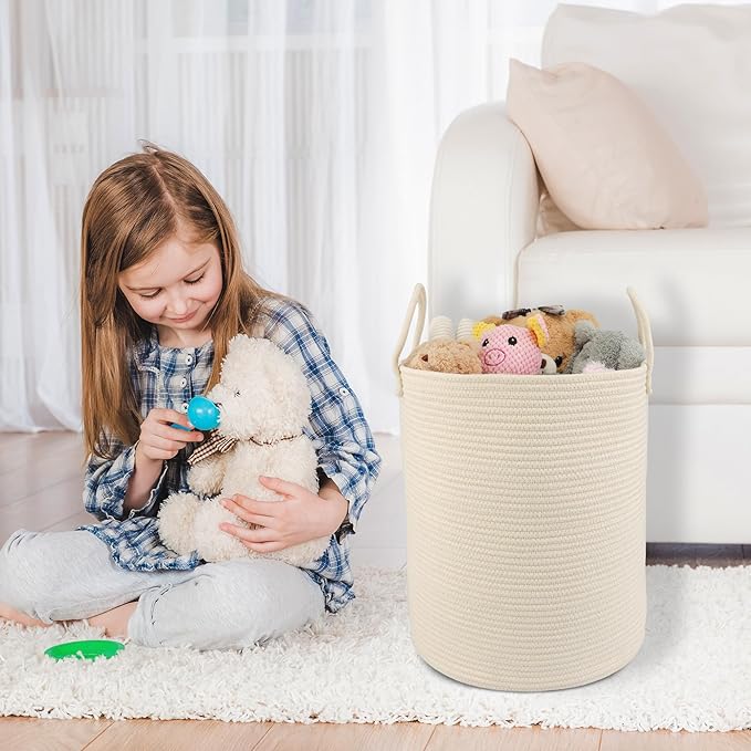 Cotton Rope Laundry Basket Hamper for Clothes Woven Storage Basket for Living Room Bedroom Boho Tall Rope Baskets for Blanket Toys Pillow Towels Baby Nursery Hamper Bin beige