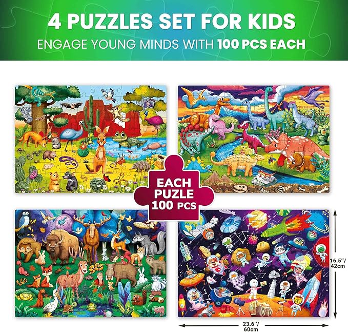 QUOKKA 4x100 Piece Puzzles for Kids Ages 6-8 – Glow-in-The-Dark Puzzles for Kids 8-10 – Space, Dinosaurs, Animals – Fun Educational Puzzle for Boys & Girls – Learning Games & Space Toys Gift for Kid