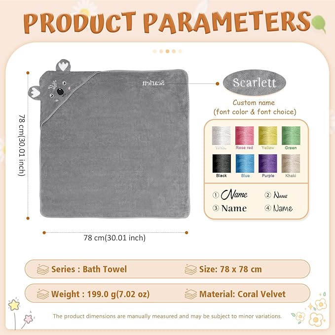 Personalized Baby Towels for Newborn Custom Embroidery Name Hooded Baby Bath Towels for Boy Girl Newborn Essentials Must Haves Shower Gift Soft Coral Velvet 30"x30" (Gray)