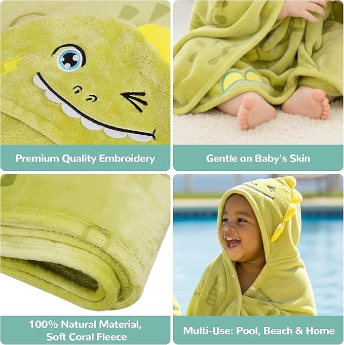 HECCEI HoodieHug Baby Towels, Premium Coral Fleece Bath Towel with Large Size-Ultra Absorbent for Baby Comfort- Great Gift for Newborn, Toddler and Kid (Dinosaur)
