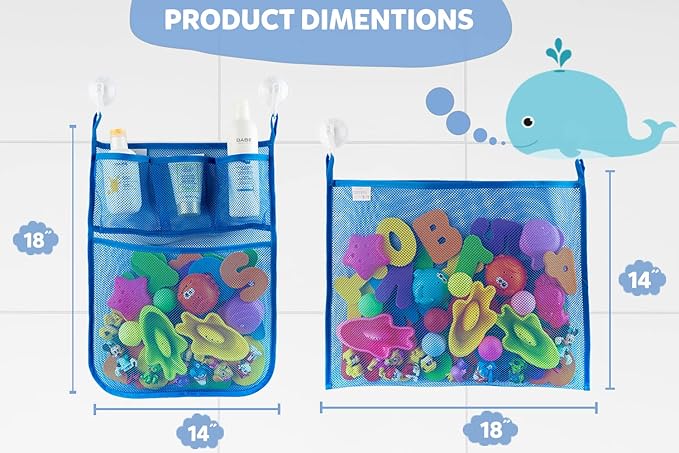 2 x Mesh Bath Toy Organizer + 6 Ultra Strong Hooks – The Perfect Bathtub Toy Holder & Bathroom or Shower Caddy – These Multi-use Net Bags Make Baby Bath Toy Storage Easy – For Kids & Toddlers
