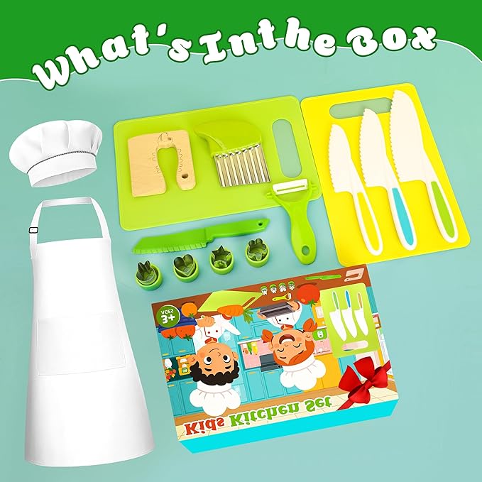 Kids Knife Set for Real Cooking 15Pcs Montessori Kitchen Toys for Toddlers Cooking Sets with Plastic Children Safe Knives Crinkle Cutter Cutting Board Kids Apron Chef Hat Gifts Toddler Toys