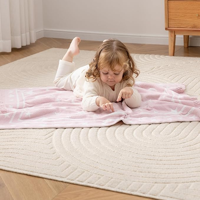 Berkshire Baby Blanket,Ultra-Plush Reversible Chenille Knit Toddler Blanket,Cute Pattern Nursery Crib Blanket,Ideal Baby Gift(30x40 Inches,Stars and Moon Border White-Pink)