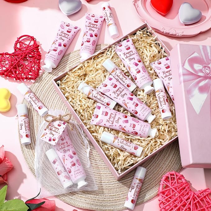 24 Sets Valentines Day Hand Cream and Lip Balm Gift Valentine's Day Party Favors for Guest Strawberry & Cherry Travel Size Hand Lotion and Lip Balm Bulk Bridal Shower Party Supplies