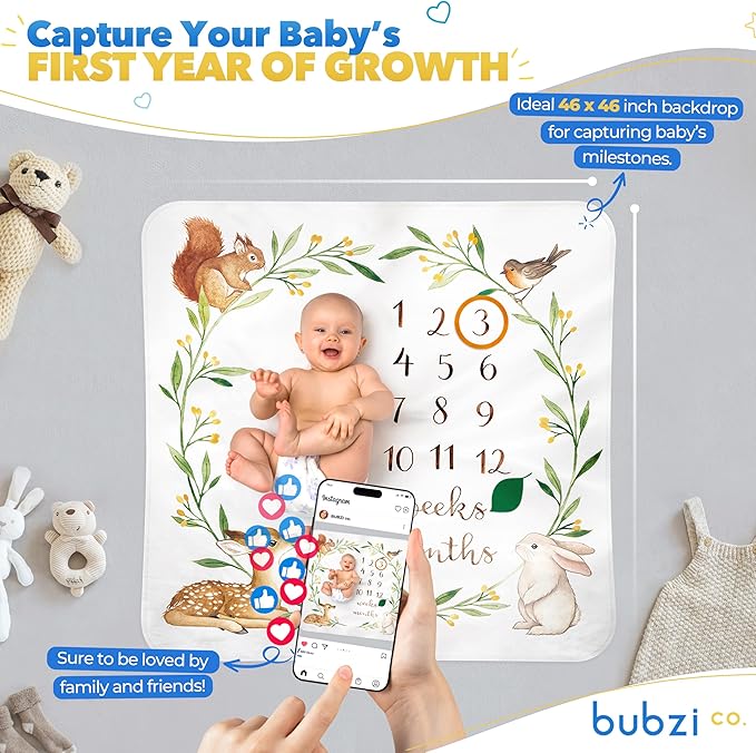 Bubzi Co Baby Monthly Milestone Blanket, Soft Woodland Photo Blanket for Baby Boy & Baby Girl, Nursery Bed Blanket, Newborn Essentials, Baby Registry Must Haves