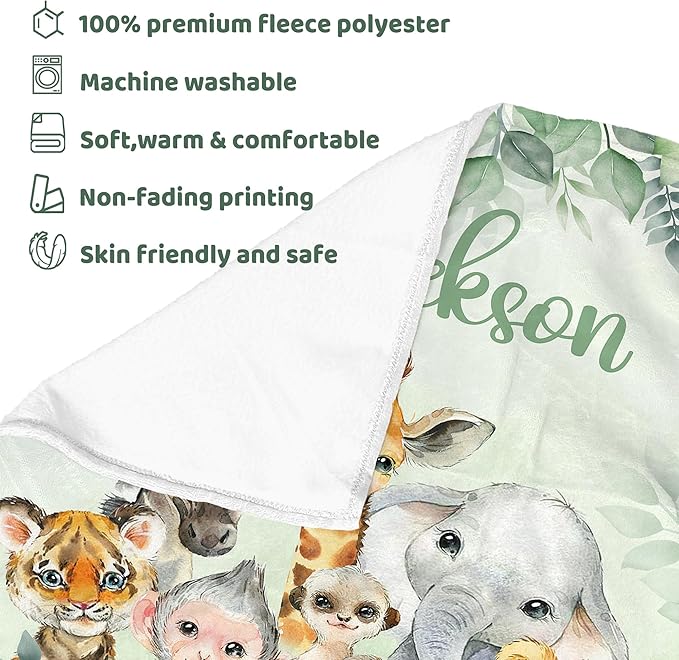 J&SBGFT Personalized Baby Blanket for Boys,Custom Baby Blanket with Name, Customized Name Blanket Receiving Blankets for Toddlers Kids Nursery Stroller Crib Decor Throw,Safari Animal Blanket