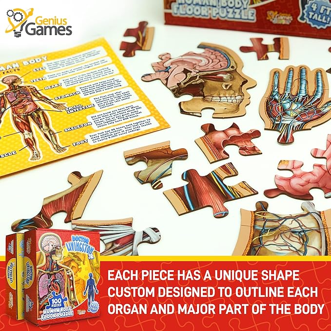 Human Anatomy Kids Floor Puzzle - Dr Livingston Jr's 100-Piece Full Body Jigsaw Puzzle - 4 FT Medically Accurate Floor Puzzles for Kids Ages 6-8, 4-8, 8-10 - Educational Toys for Children, Toddlers