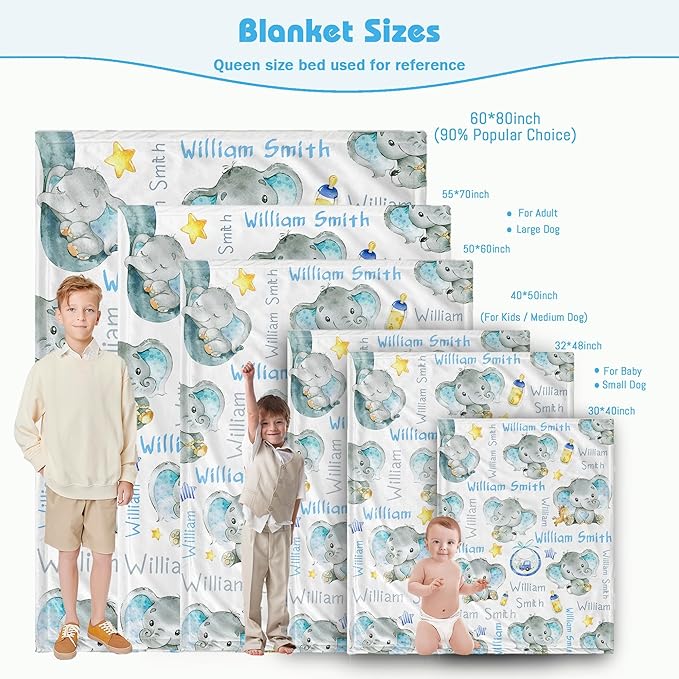 Personalized Elephant Baby Blanket for Boy Girl Custom Name Blanket for Baby Shower Customized Birthday Christmas Newborn Gifts