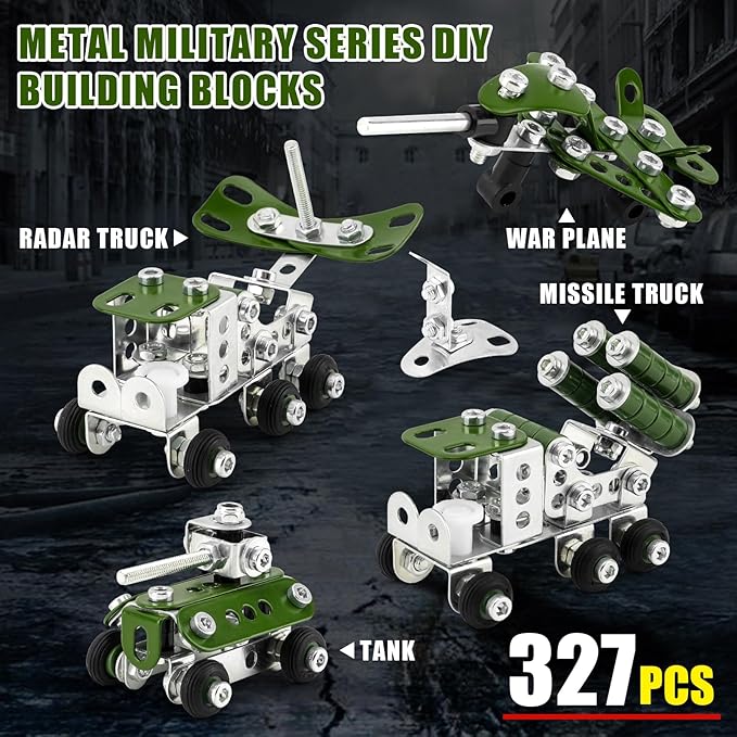 Building Toys for Boys Age 8-12,Creative Sets 4 Mini Army Vehicles Model,Metal Military Models Toys for Kids Ages 8+,DIY Educational Birthday Gifts for Kids Boys 8 9 10 11 12-16 Years Old