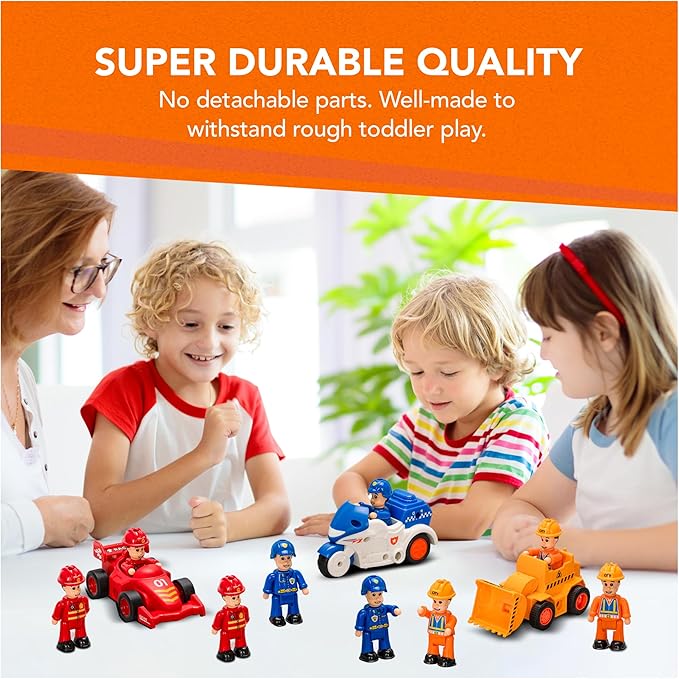FUNERICA 12-Pcs People Figures and Toy Cars Playset - Fireman, Police, Construction Workers - Pretend Play Vehicle & Figurine Set Accessories for Kids - Emergency Rescue & Construction Toys