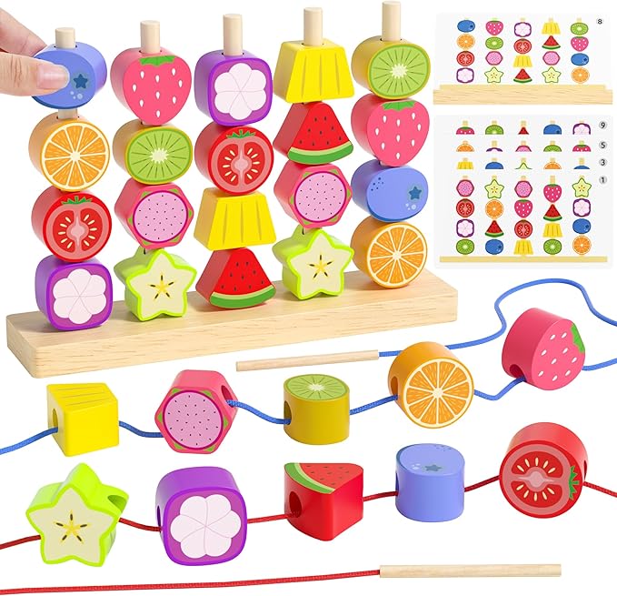 Montessori Toys for 3 4 5 Year Old, Wooden Fruit Toddler Stacking Toys, Stacking Blocks & Lacing Beads & Shape Sorter Toy for Toddler, STEM Preschool Learning Toys for Kids Boys Girls