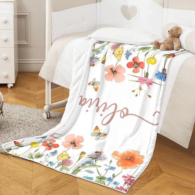 Personalized Swaddle Baby Blankets with Name Plants Flowers, Customized Floral Nursery Blanket for Girls, Newborn Shower Gifts for Baby Girls, Christmas Birthday Gift