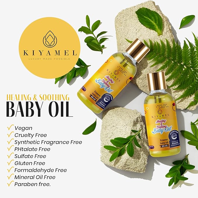 KIYAMEL Healing and Soothing Baby Oil, Fast Absorbing Moisturizer for Sensitive Skin, with Jojoba, Argan & Black Currant Oil, Natural Orange Scent and Vitamin E Enriched