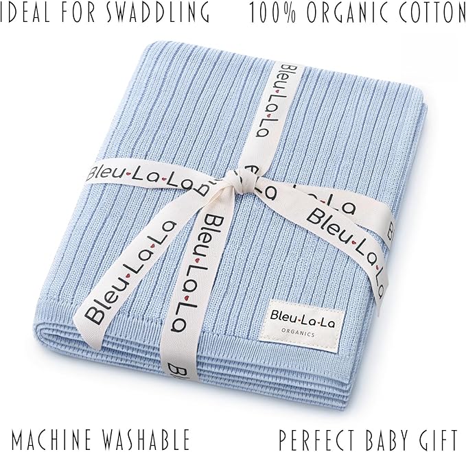 Organic Ribbed Swaddle Blanket for Boys & Girls - 100% Luxury Organic Soft Cotton Knit Warm Cozy Cuddle Stroller Blanket for Newborns, Infants, & Toddlers (Sky Blue)