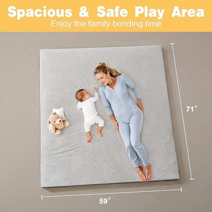 71" ×59" Padded Baby Play Mat for Floor, 1.2" Thick Memory Foam Mat with Machine Washable Cover, Soft Tummy Time Crawling Playmat with Non-Slip Bottom, Fits 71" x59" Playpens