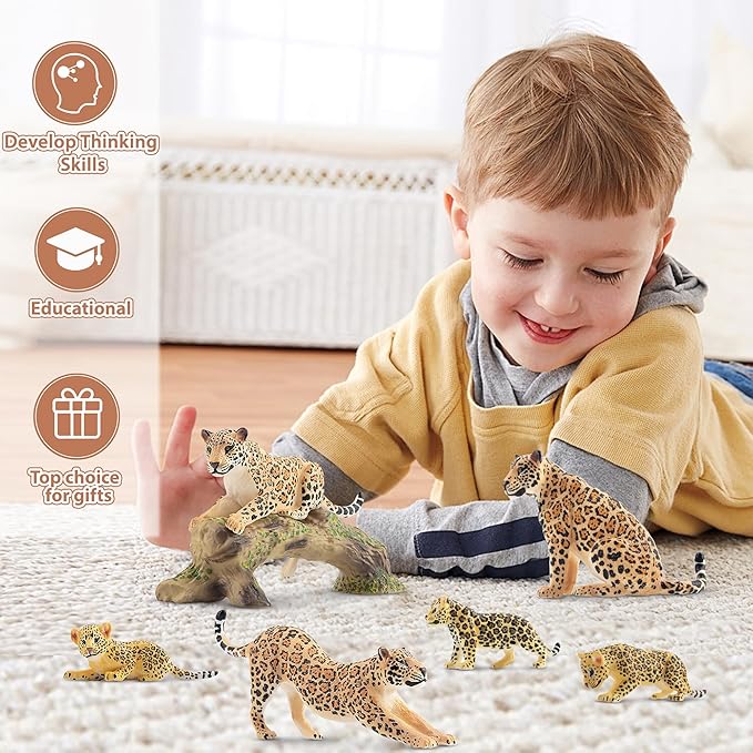 Toymany 7PCS Jaguars Figurines with Jaguars Cub and Tree Trunk, Realistic Jungle Animals Figures Family Playset, Educational Toy Cake Toppers