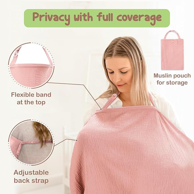 Premium Organic Breathable Muslin Nursing Cover for Breastfeeding - Privacy Breast Feeding Covers for Women - Multi-Use Nursing Cover Up - Soft & Lightweight Breastfeeding Covers (Pink)