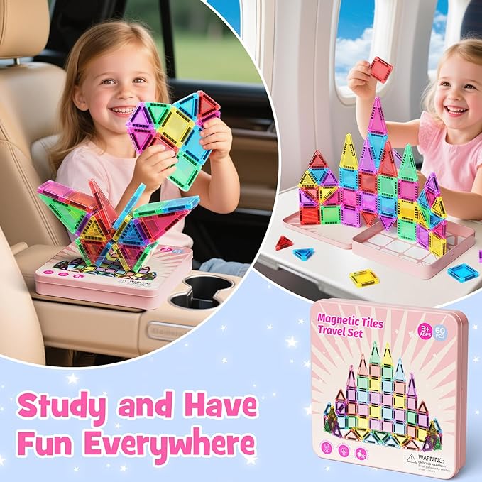Travel Magnetic Tiles Building Set 60 PCS Transparent 3D Magnetic Blocks with Construction Board STEM Educational Building Toys for Boys & Girls Ages 3-12