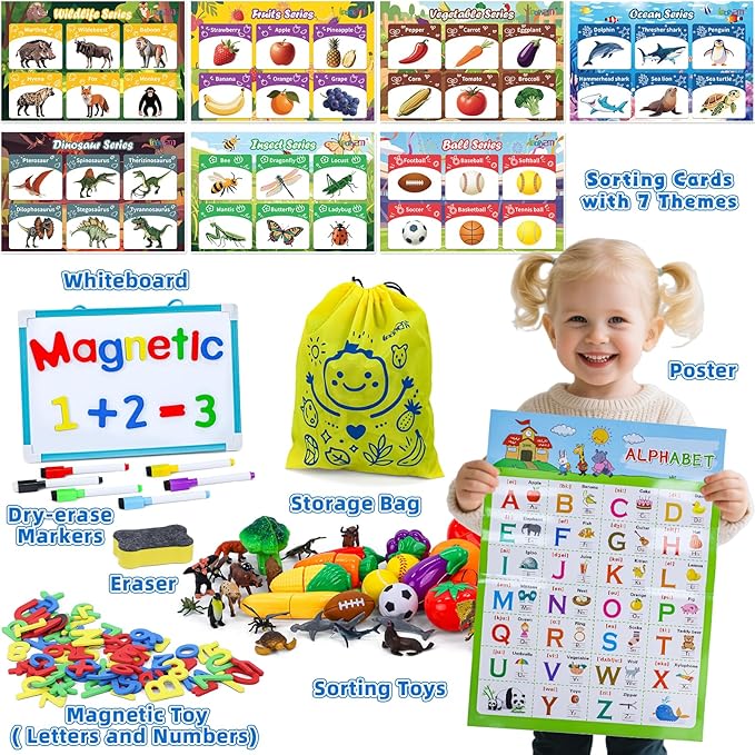Sorting Toys for 3-5 Year Olds, 7 Themed Matching Games with Magnetic Whiteboard, Montessori Fine Motor & Writing Practice, Speech Therapy & Classroom Learning Gift