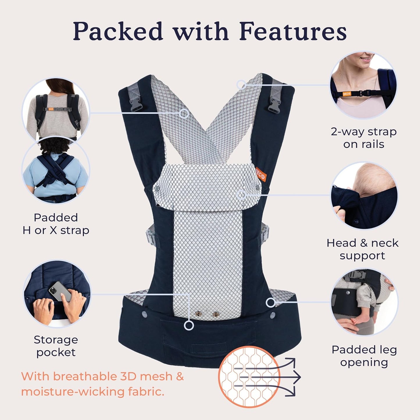 Beco Gemini Baby Carrier from Newborn to Toddler - Certified Ergonomic Newborn Baby Carrier for Infants and Children of 7-35 lbs - M Shape, Adjustable Seat, Breathable 3D Mesh (Cool Navy)