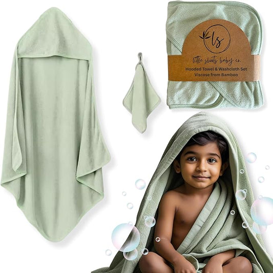 Hooded Baby Toddler Towel and Washcloth Set Made with Viscose from Bamboo, Large Size of 35" x 35", Soft and Absorbent, Baby Essential in Sage