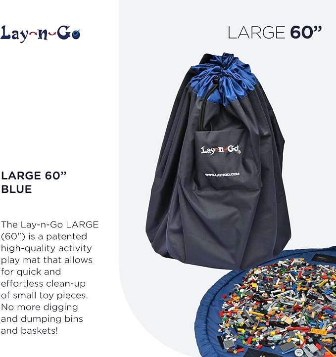Lay-n-Go 2-in-1 Small Portable Drawstring Toys Storage Organizer and Play Mat for Room and Travel, Made for Kids and Toddlers with a Durable Patented Design