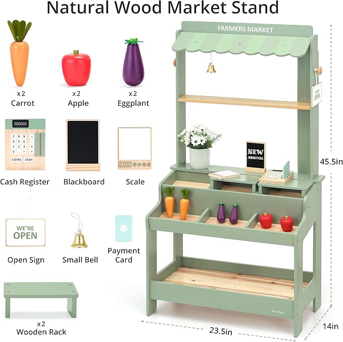 PairPear Wooden Mud Grocery Stand, 2-in-1 Outdoor Market Stand & Mud Kitchen for Kids Outdoor, Montessori Pretend Play Toy with 14 Accessories, Cash Register & Play Food, Ages 3+ in Green