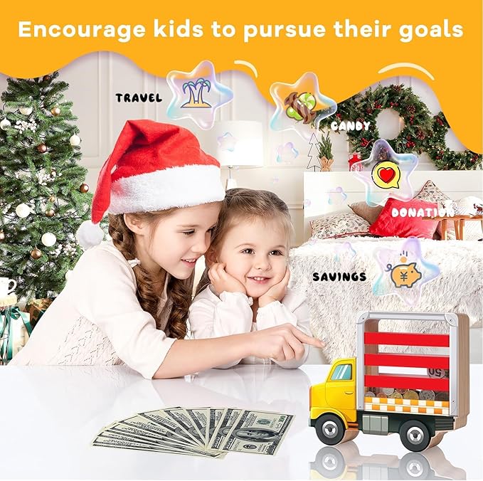 Wooden Piggy Bank for Kids, Truck Piggy Bank with Acrylic Panels, Unbreakable Toddler Money Box for Boys and Girls, DIY Kids Safe Coin Box with Letter Sticker, Birthday Gift